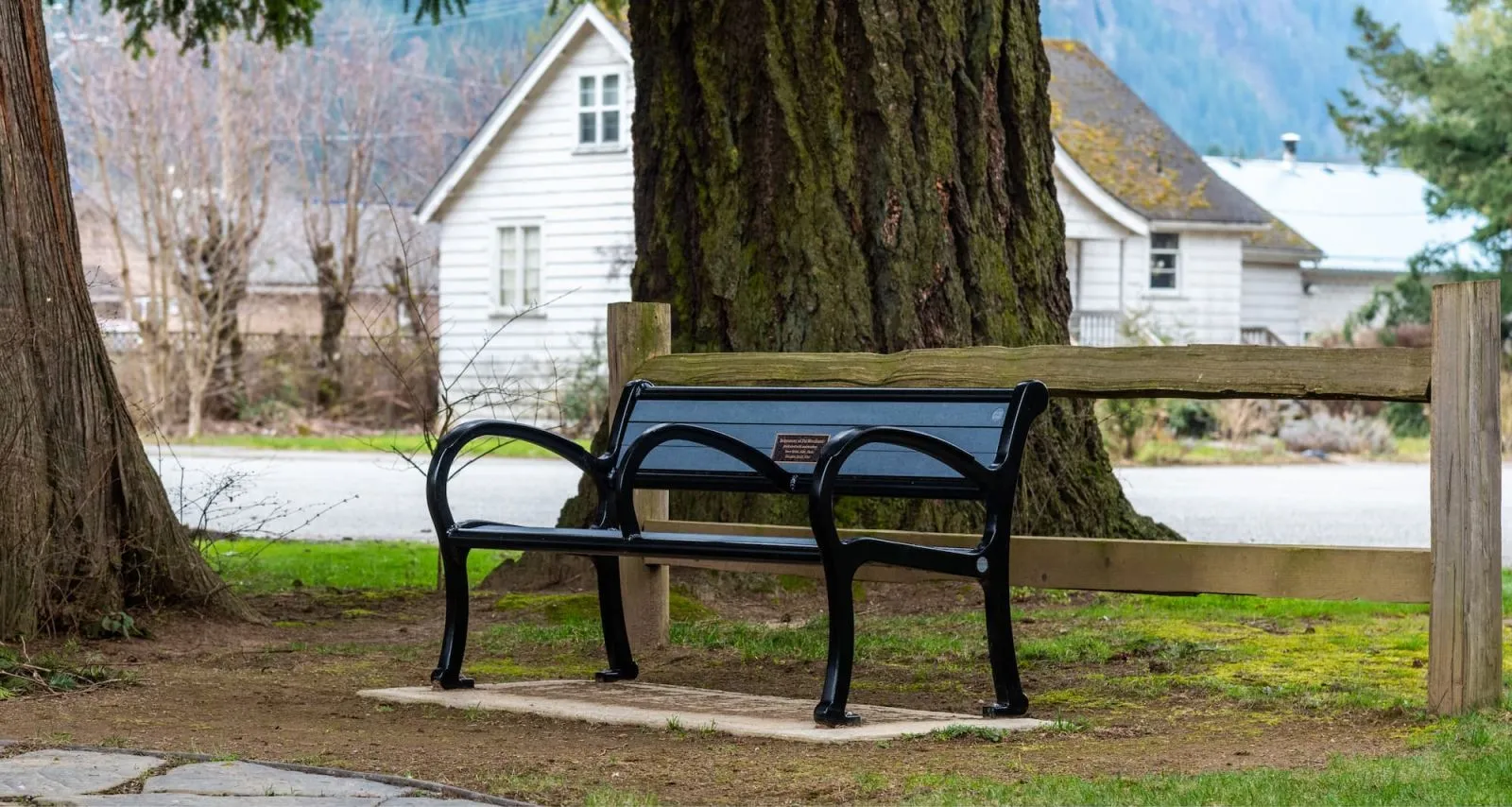 A Mountain Classic bench with center armrest sits on a concrete pad in a park setting. The bench features recycled plastic lumber and a black powder-coated frame.