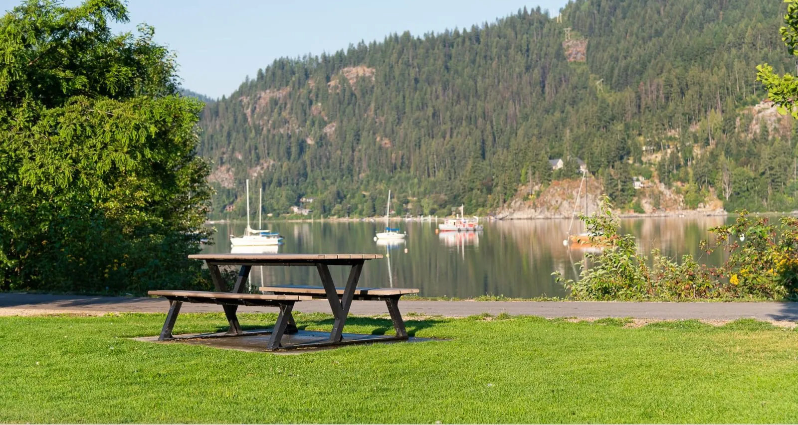 A Bayview picnic table sits on a grassy lawn overlooking a calm lake surrounded by forested mountains. This accessible outdoor furniture provides a comfortable space to enjoy the scenic views.