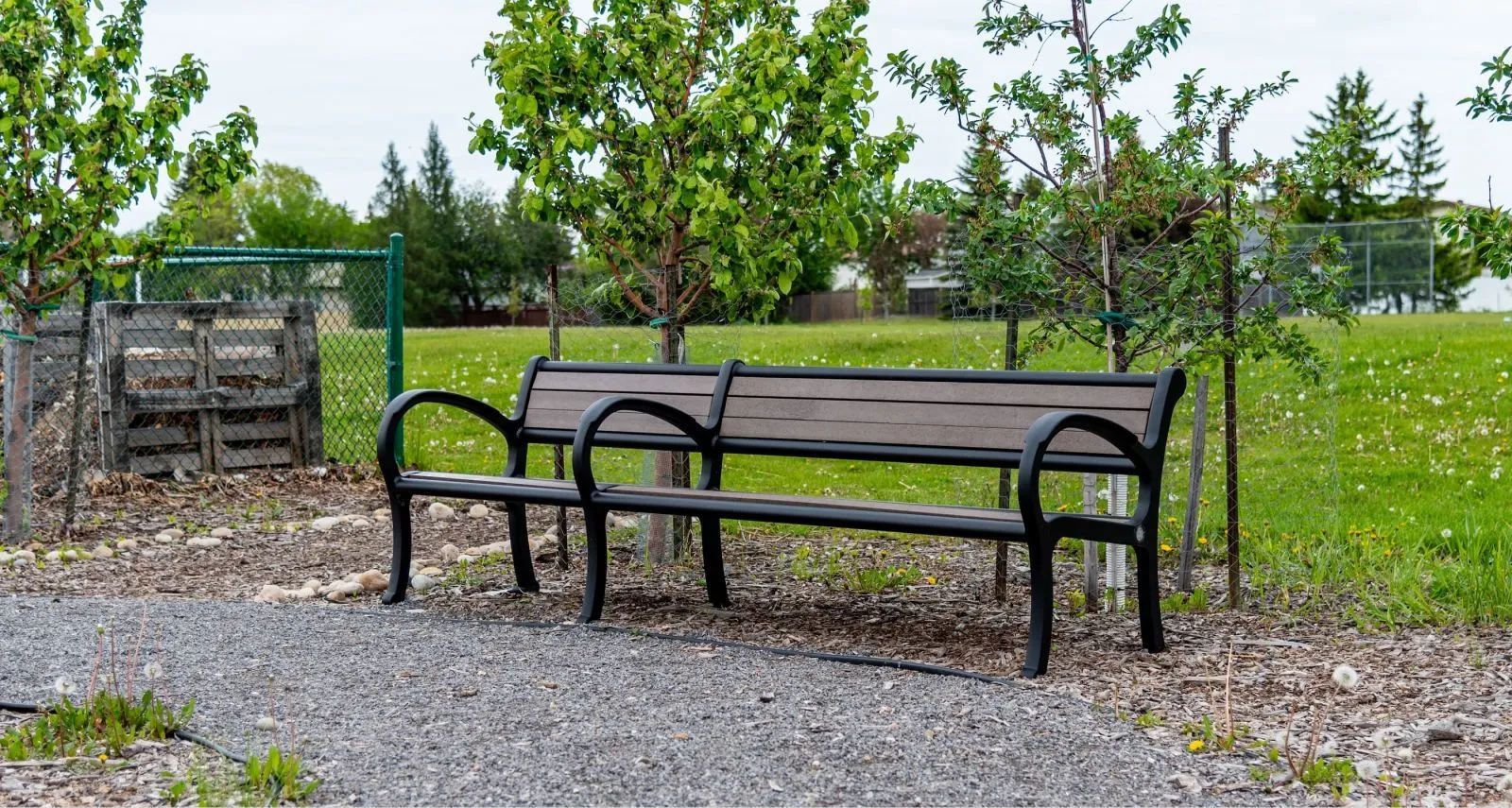 A Mountain Classic bench provides seating along a gravel path in a park setting. The bench features recycled plastic lumber and a black powder-coated frame.