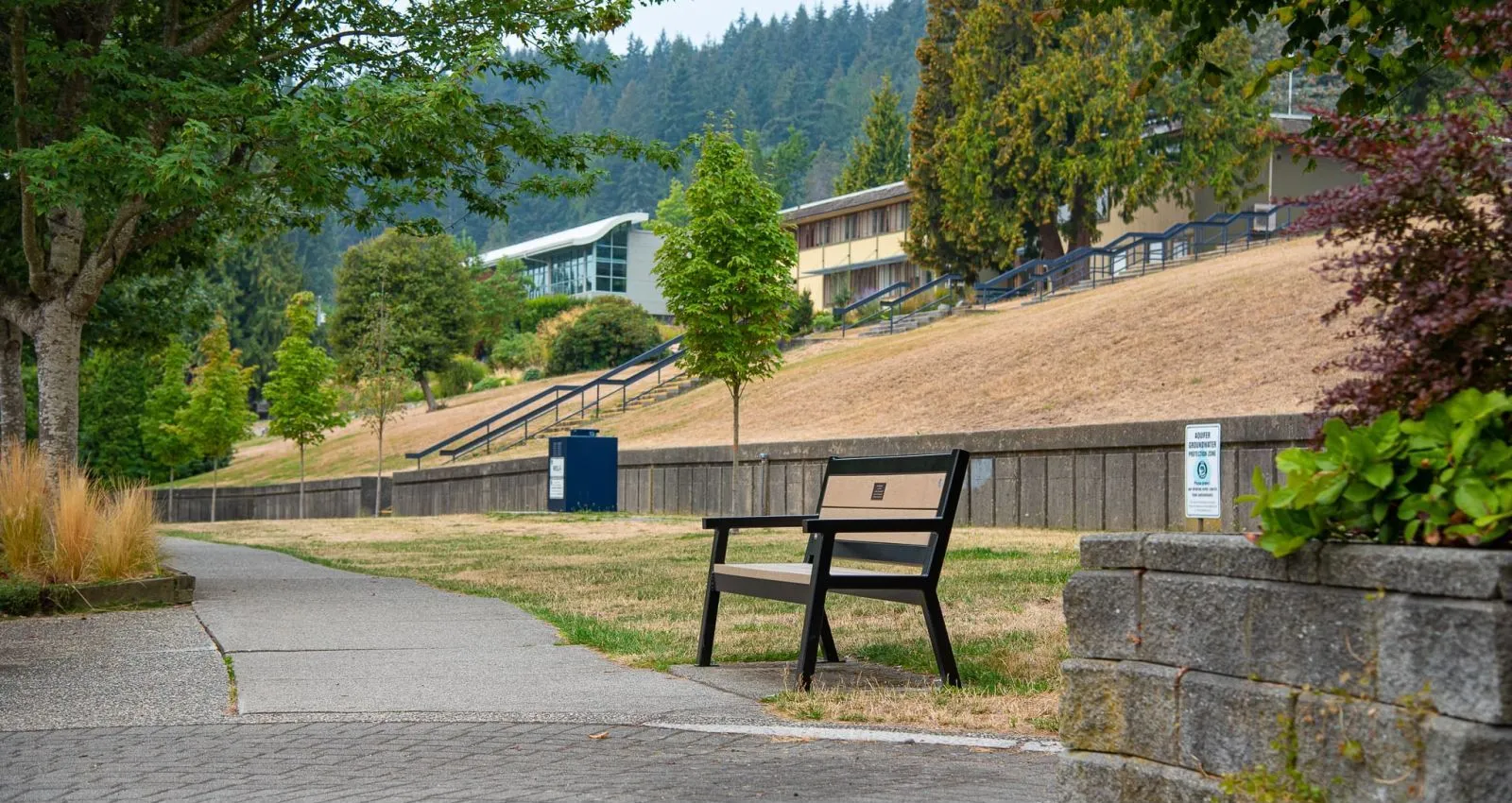 A Rutherford Angled Leg Memorial Bench provides seating along a paved path in Gibsons, British Columbia. The bench features recycled plastic lumber and a black powder-coated frame.