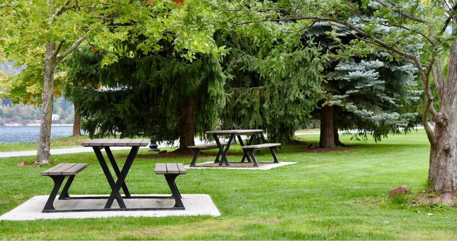 Bayview picnic tables provide a place to rest and enjoy the scenery. These tables feature recycled plastic lumber and a sturdy metal frame.