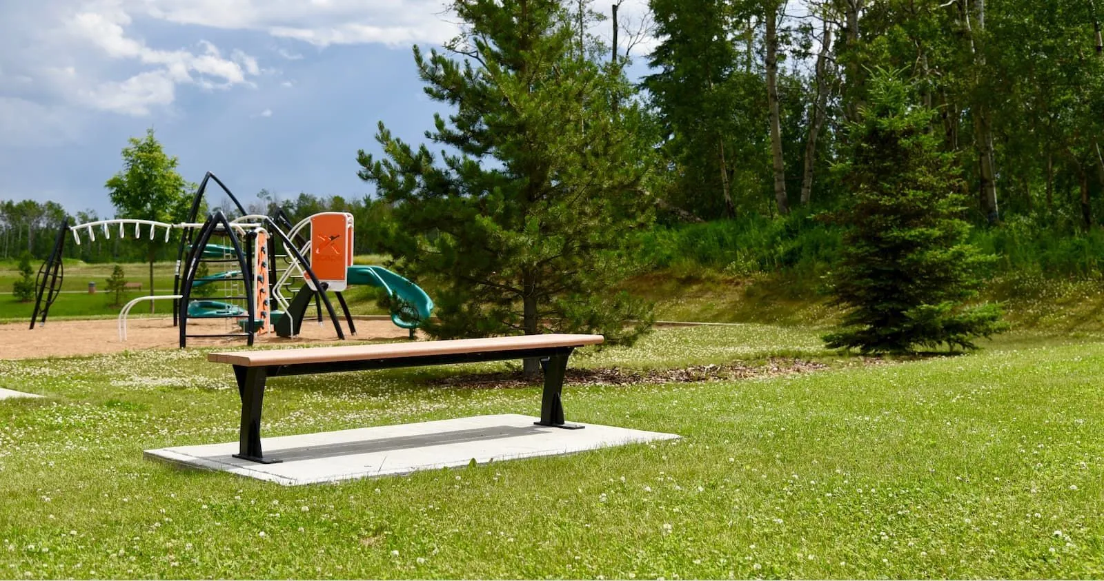 A Parker bench offers seating in a grassy park area. The bench features a light-colored recycled plastic lumber seat and black powder-coated metal frame.