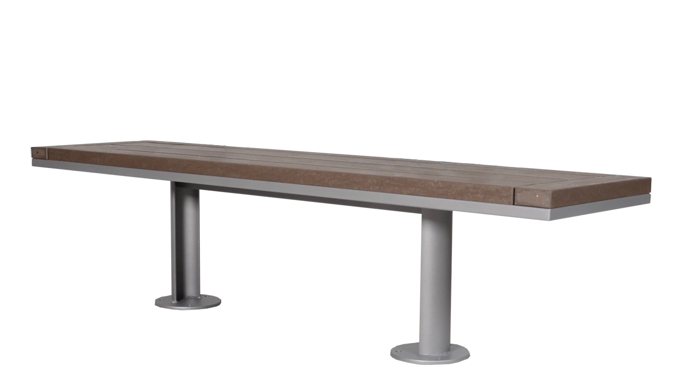 This SurRe bench features recycled plastic lumber and a powder-coated metal frame. Its simple design makes it a versatile seating option for various outdoor settings.