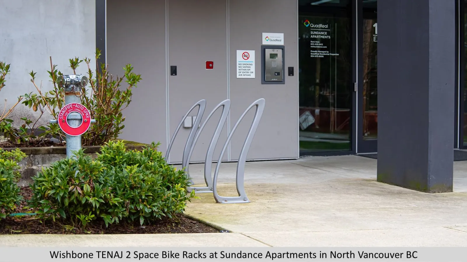 TENAJ 2 Space Bike Racks provide convenient bicycle parking at the Sundance Apartments in North Vancouver, BC. The racks feature a sleek design and durable construction.
