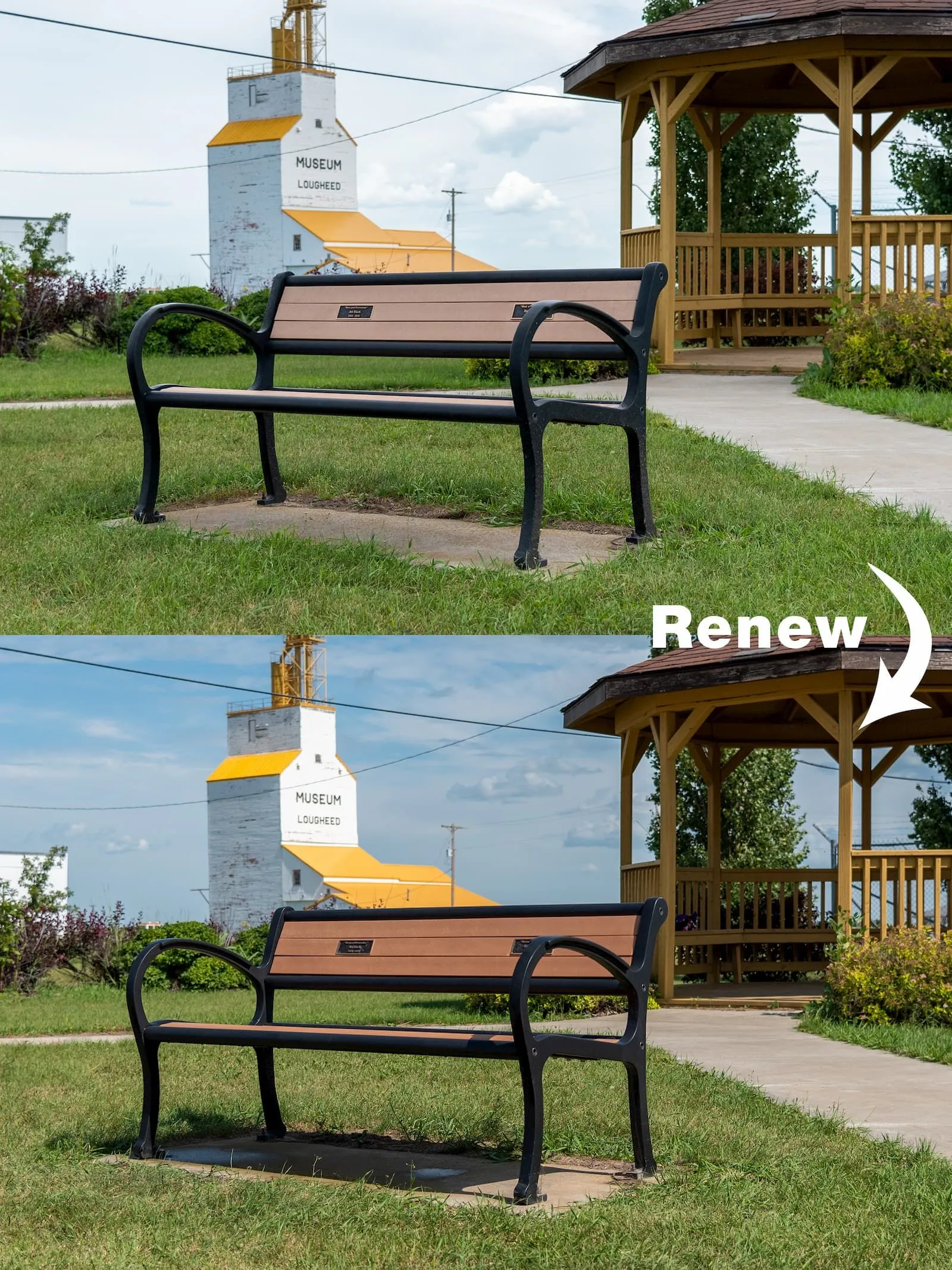 A Mountain Classic bench sits in a grassy area near a gazebo and the Lougheed Museum. This durable bench provides comfortable seating in outdoor public spaces.