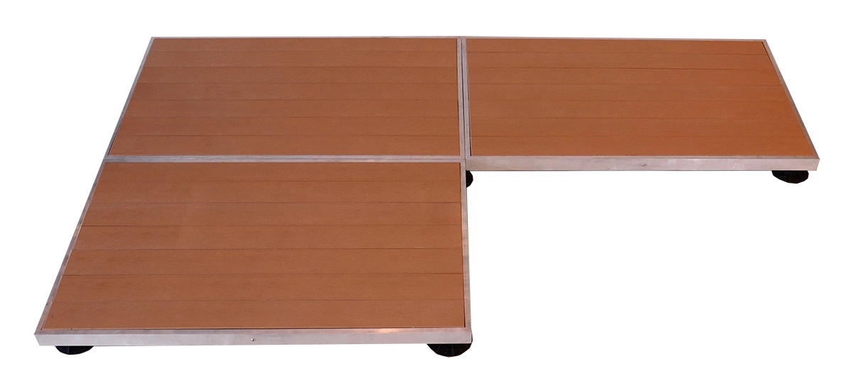 Perma-Walk modular decking system with redwood recycled plastic lumber and silver frame. This adaptable platform creates accessible outdoor spaces.