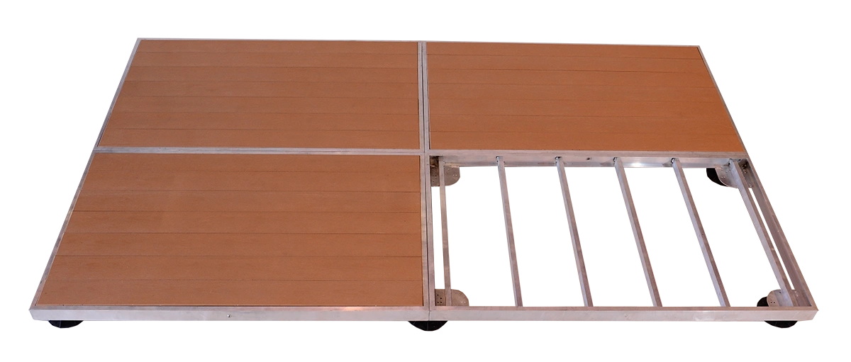Perma-Walk recycled plastic lumber decking platform with a metal frame. This modular system provides a durable and attractive surface for various outdoor applications.