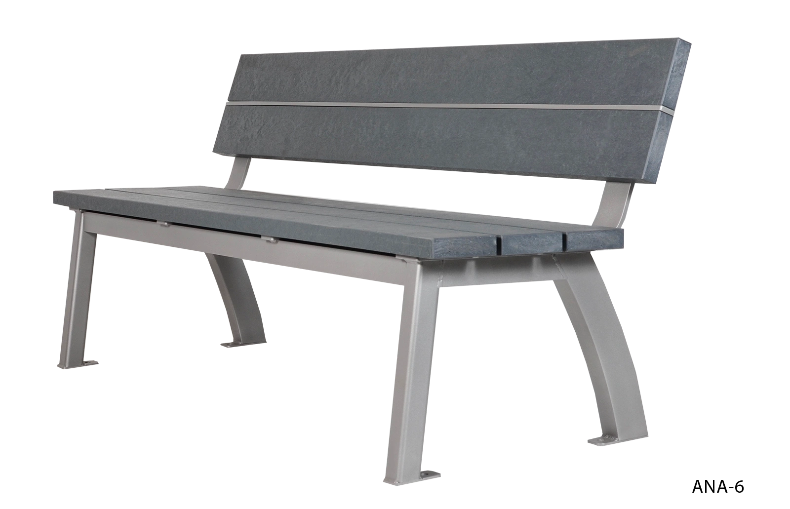 Aylesbury bench with recycled plastic lumber and powder-coated metal frame. This bench offers comfortable seating for public spaces.