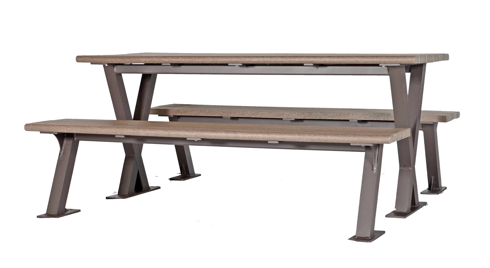 Bayview picnic table with recycled plastic lumber and powder-coated metal frame. This picnic table offers a durable and stylish seating solution for outdoor spaces.