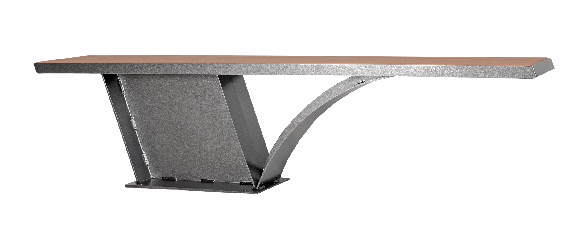 This bench features a modern design with a recycled plastic lumber top and a powder-coated metal frame. It offers a stylish and durable seating solution for various outdoor settings.