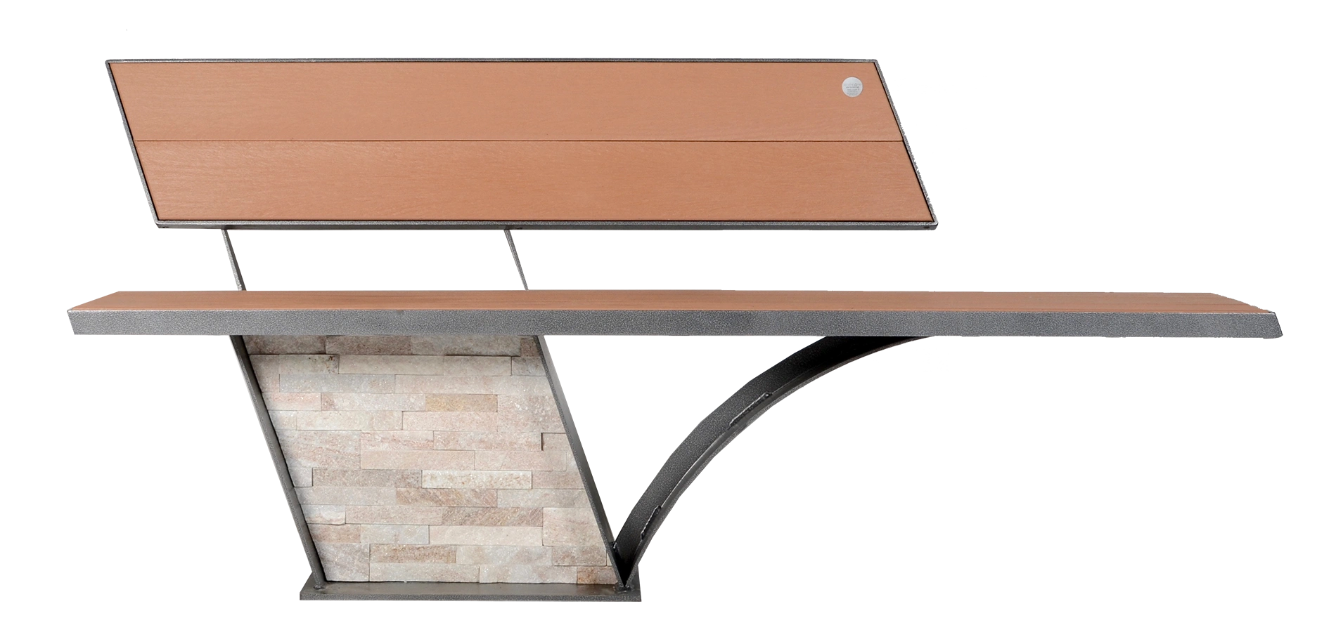 This bench features recycled plastic lumber and a custom rock inlay. The metal frame has a powder-coated finish.