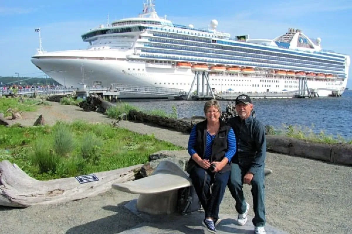 Concrete Whale Tail Bench at the Cruise Ship Terminal in Nanaimo, British Columbia. This unique bench provides seating with a whimsical design.