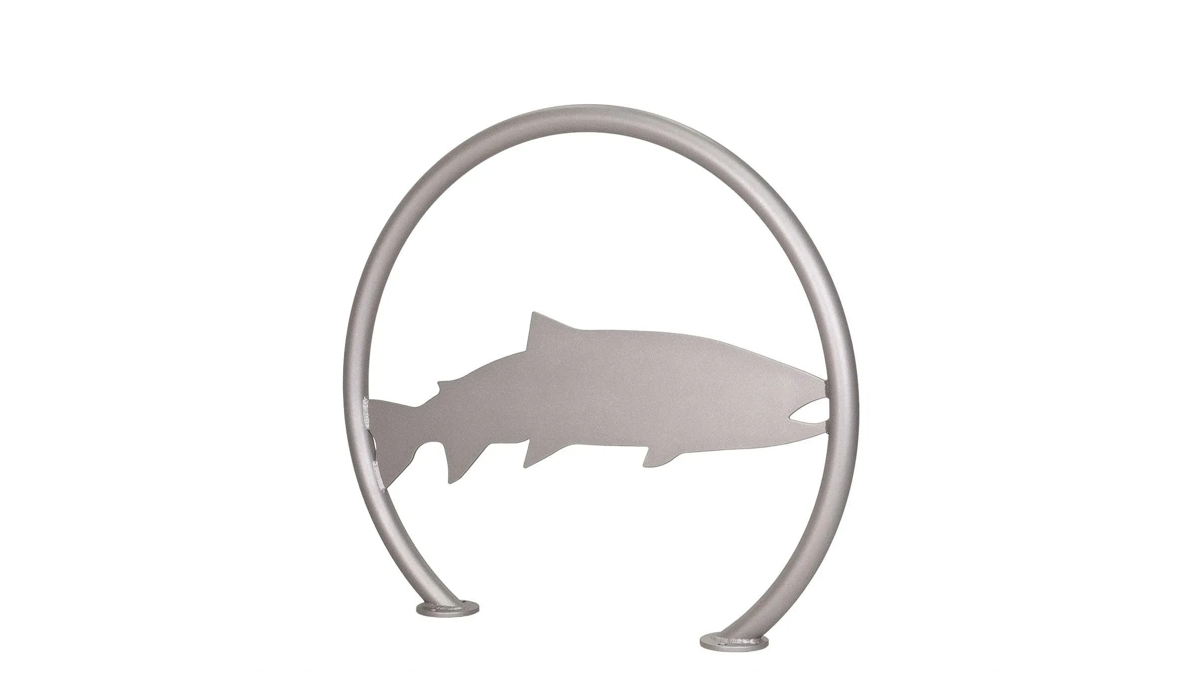 A decorative bike rack featuring a fish cutout, finished in a silver powder coat. This functional art piece provides secure bike parking with an aesthetic touch.