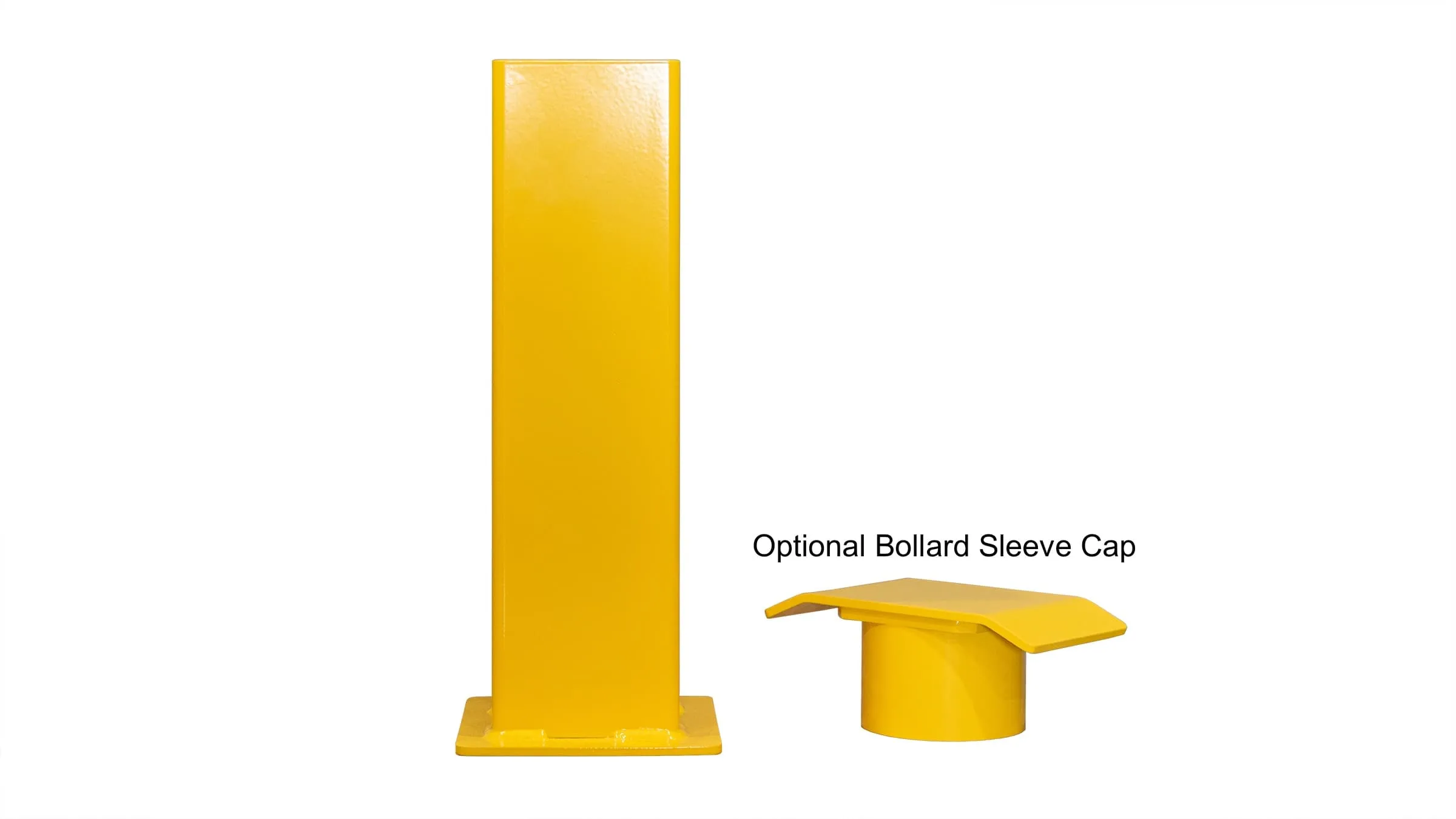 A Denman Twist Lock Removable Bollard shown with an optional bollard sleeve cap. The bollard is powder-coated in a bright yellow color.
