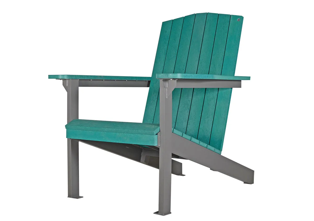 The Giant Adirondack Chair provides comfortable and stylish seating for outdoor spaces. It features durable recycled plastic lumber and a powder-coated metal frame.