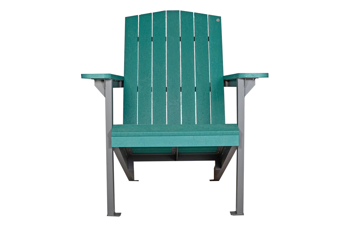 This giant-sized adirondack chair is made with recycled plastic lumber and a powder-coated metal frame. It provides a fun and unique seating option for outdoor spaces.