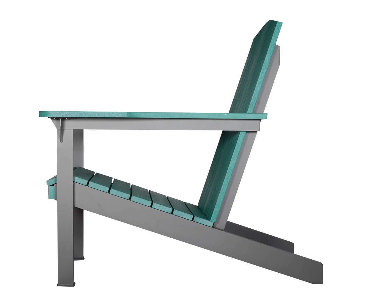 This giant-sized Adirondack chair features recycled plastic lumber and a powder-coated metal frame. The chair provides comfortable and stylish seating for outdoor spaces.