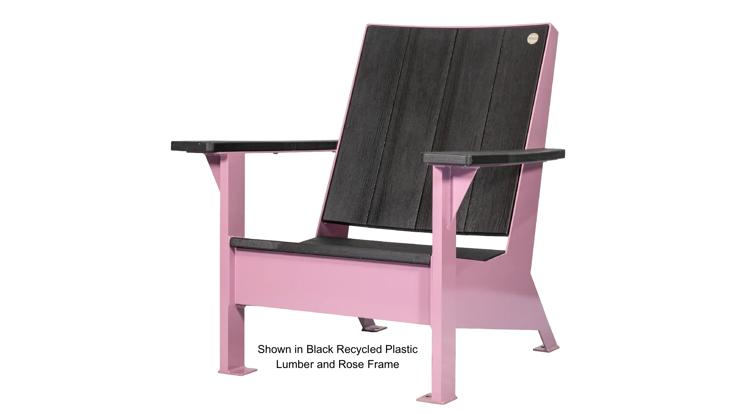The JEM Lounge Chair features black recycled plastic lumber and a rose-colored powder-coated frame. This modern chair offers comfortable outdoor seating.
