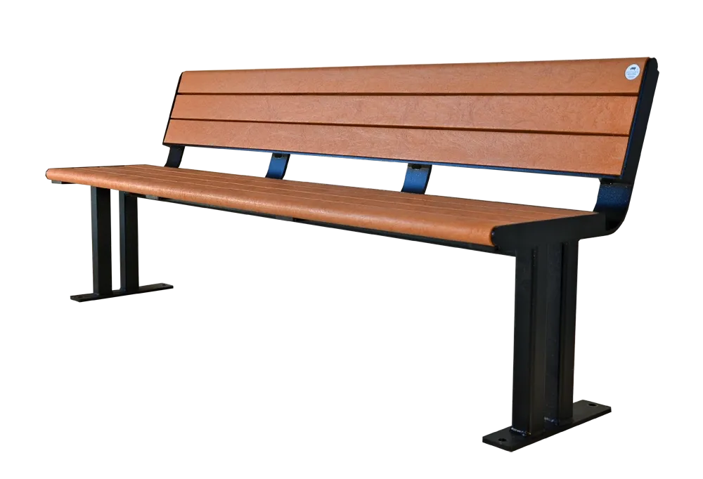 A Larson bench with recycled plastic lumber seat and back. The frame is powder-coated black.