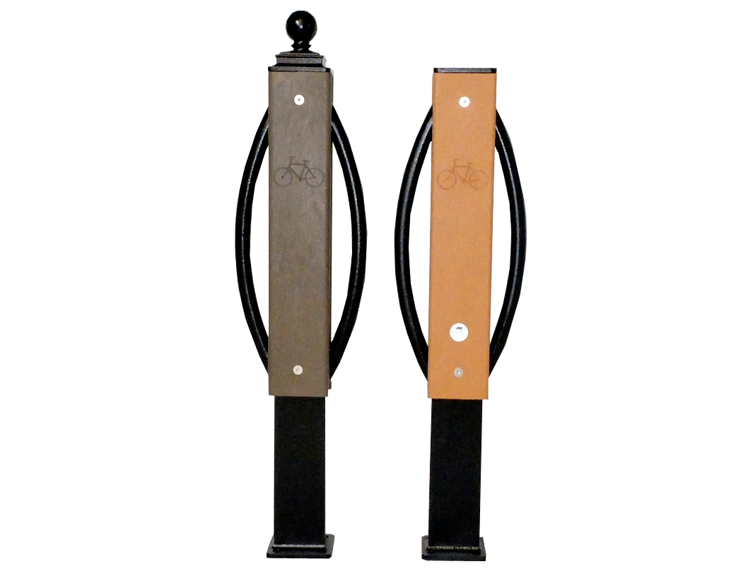 Two Modena 2 Space Bike Racks are shown against a black background. The bike racks feature recycled plastic lumber and a black powder-coated metal frame.