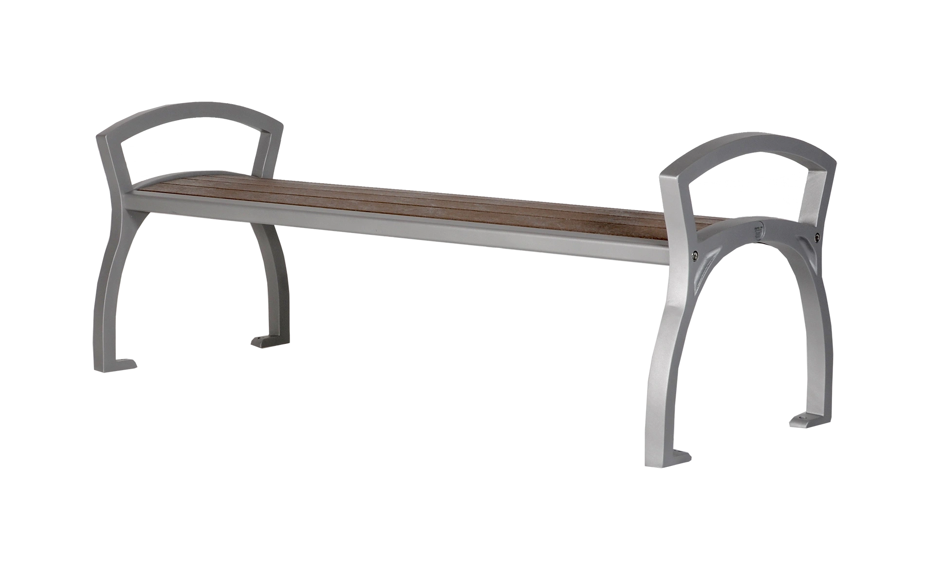 A straight Modena bench with a silver frame and recycled plastic lumber seat. This bench offers a sleek and modern design for public spaces.