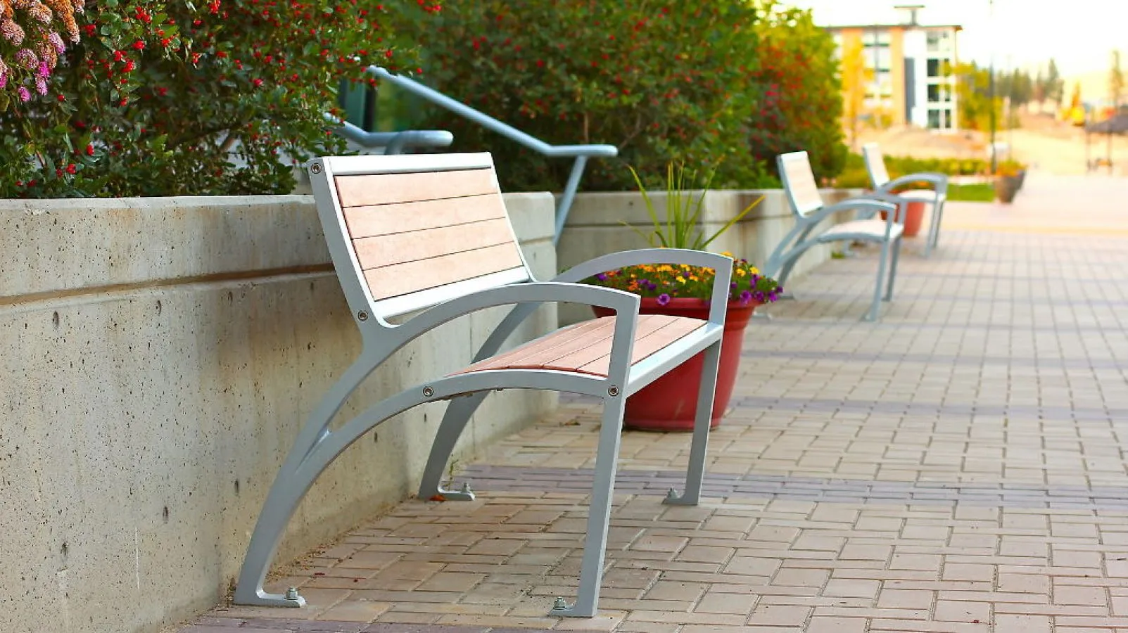 Modena benches line a paved walkway with planters and greenery, offering a place to rest. These benches provide comfortable seating in an outdoor setting.