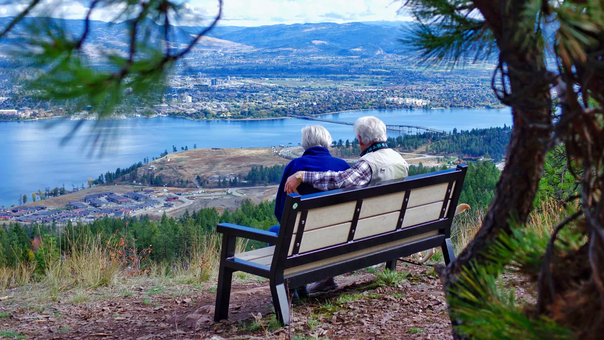Enjoy the view from this park bench. This bench features recycled plastic lumber seat slats and a powder-coated metal frame.