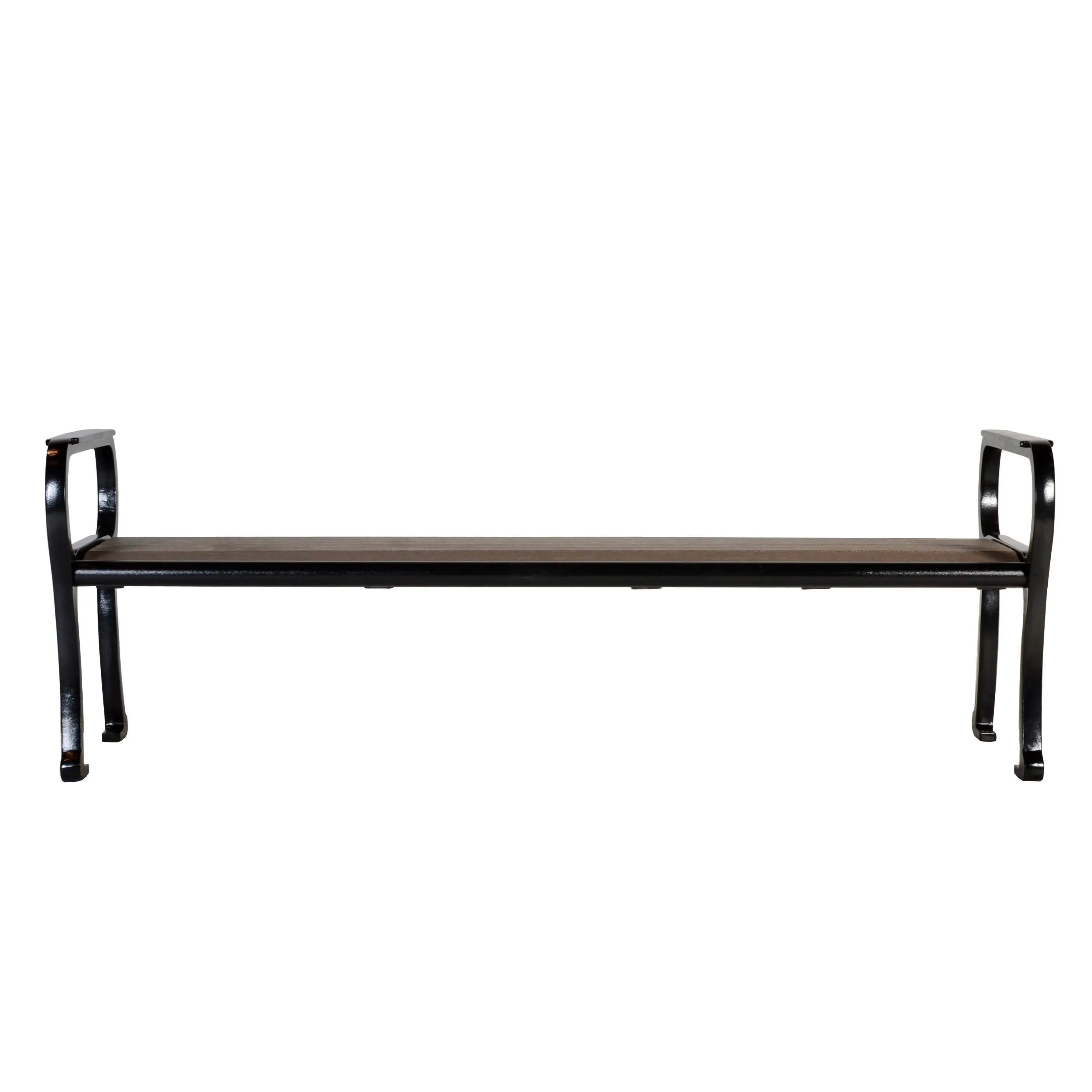 This straight bench features a simple design with a recycled plastic lumber seat and black powder-coated metal frame. It offers comfortable and durable seating for various outdoor settings.