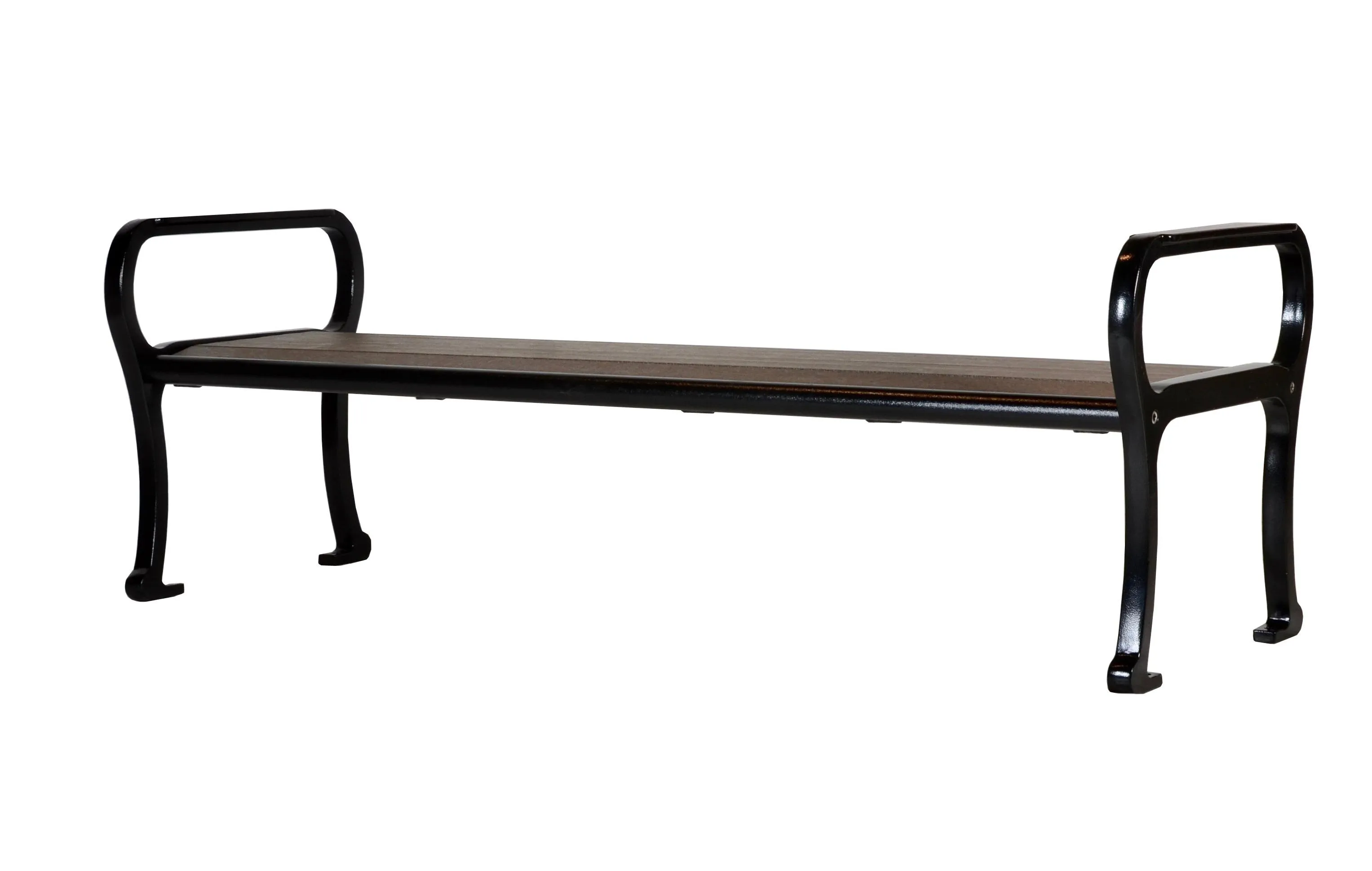 Classic bench with black powder-coated frame and redwood recycled plastic lumber seat. This bench provides comfortable seating for public spaces.