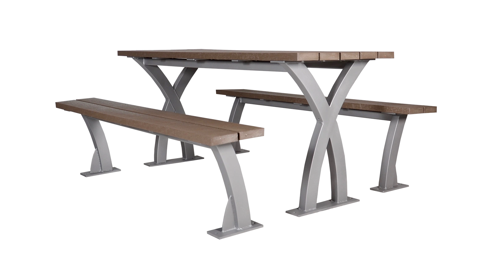 Durable picnic table with recycled plastic lumber top and benches, and powder-coated metal frame. Ideal for outdoor dining and gathering spaces.