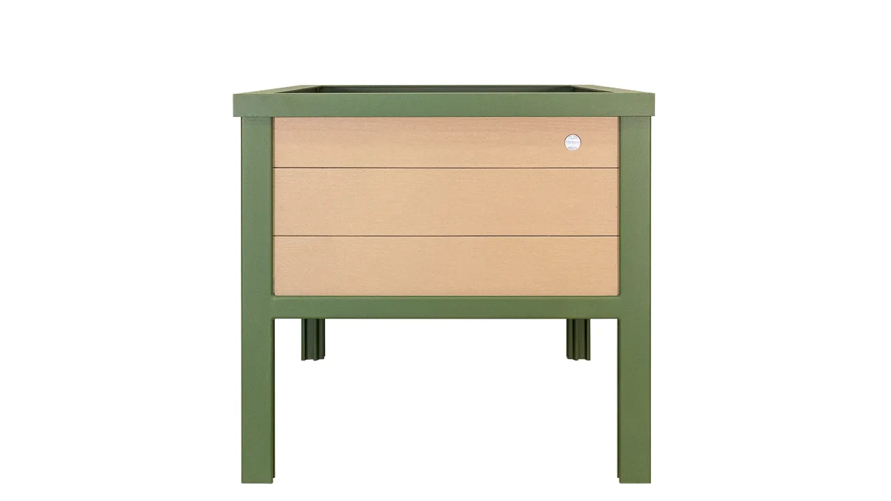 Rutherford 2 Space Wheelchair Accessible Planter with recycled plastic lumber and powder-coated frame. This planter provides accessibility and style to any outdoor space.