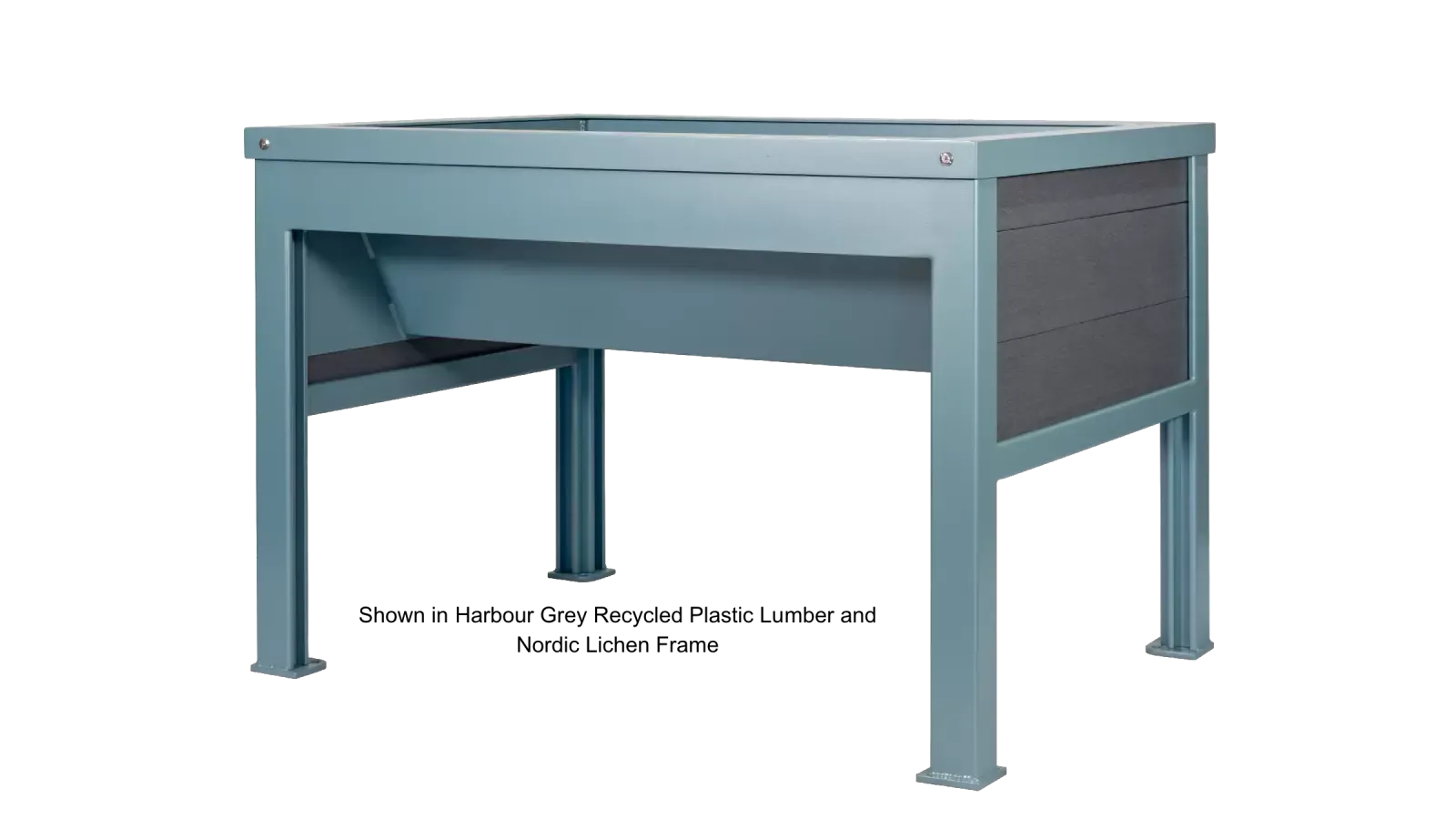 A Rutherford wheelchair accessible planter features Harbour Grey recycled plastic lumber and a Nordic Lichen powder-coated frame. This accessible planter provides an inclusive gardening solution.