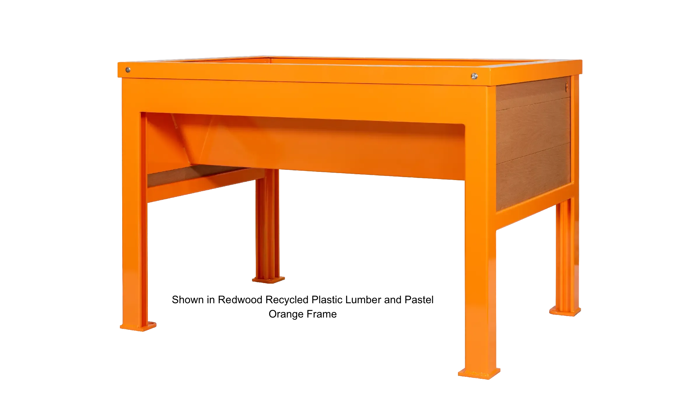 A Rutherford Wheelchair Accessible Planter with a Redwood recycled plastic lumber infill and a Pastel Orange powder-coated frame. This planter provides an accessible gardening solution for various outdoor spaces.