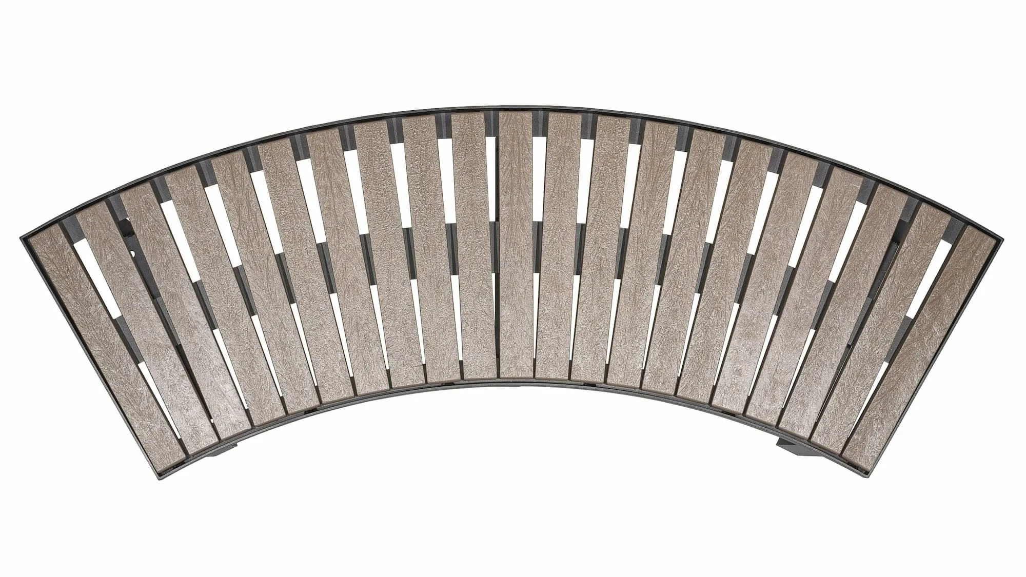 Curved park bench with recycled plastic lumber slats and a powder-coated metal frame. This bench provides comfortable and stylish seating for public spaces.