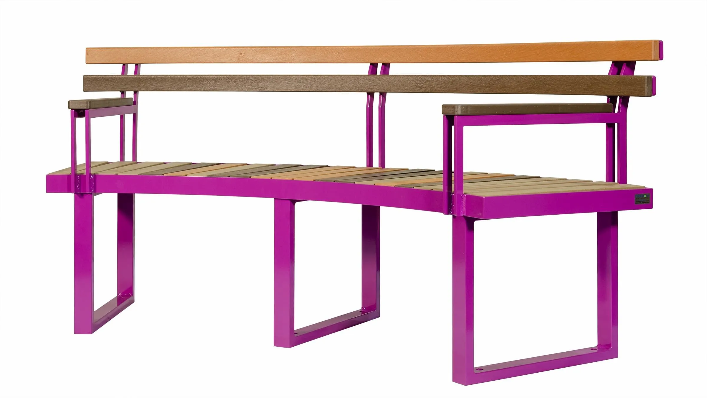 Curved park bench with a backrest features recycled plastic lumber slats and a vibrant powder-coated metal frame. This modern bench provides comfortable seating for public spaces.