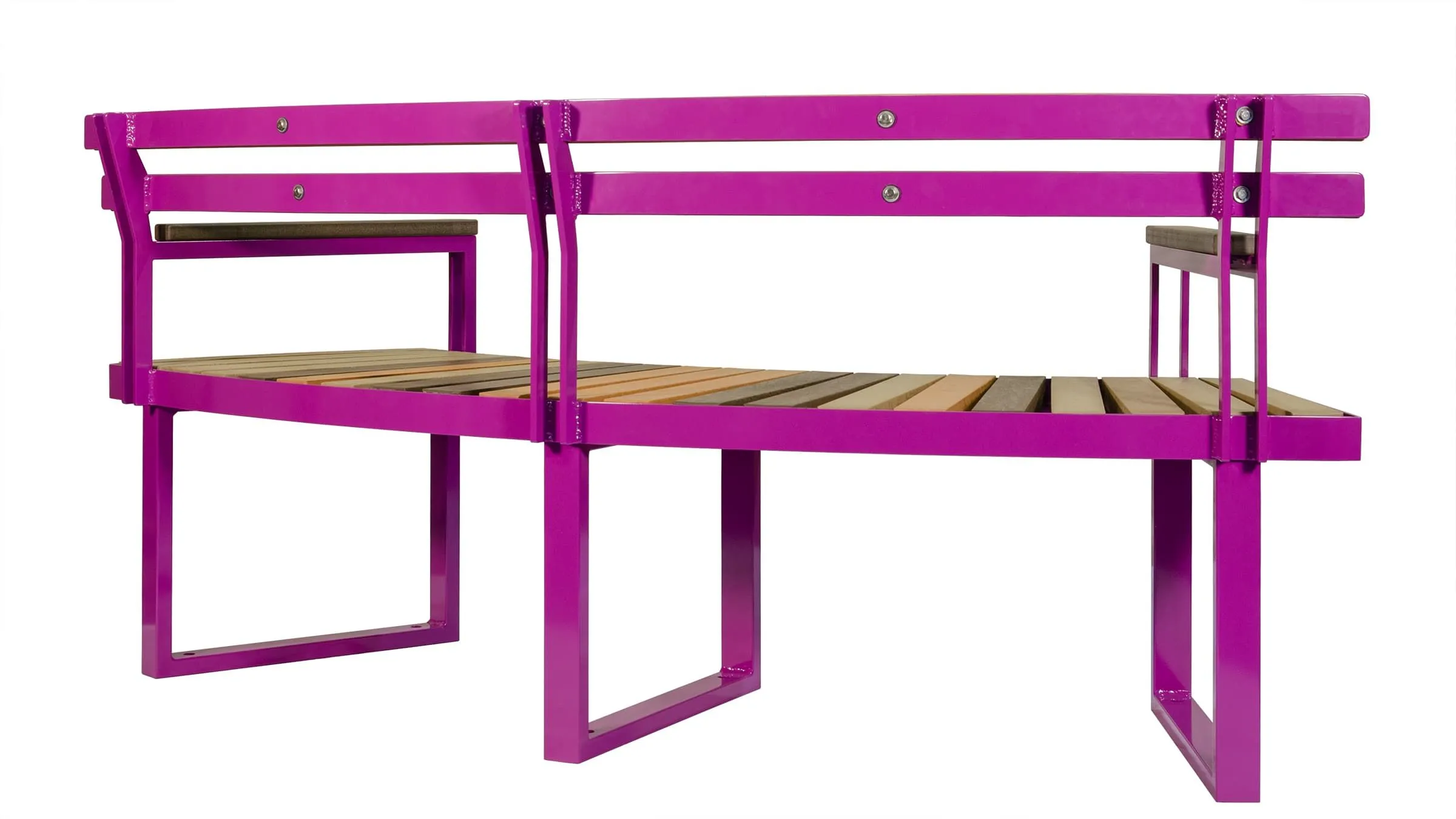 Skyline curved bench with a backrest, featuring a vibrant signal violet powder coat and recycled plastic lumber seat slats. This bench offers comfortable seating for public spaces.