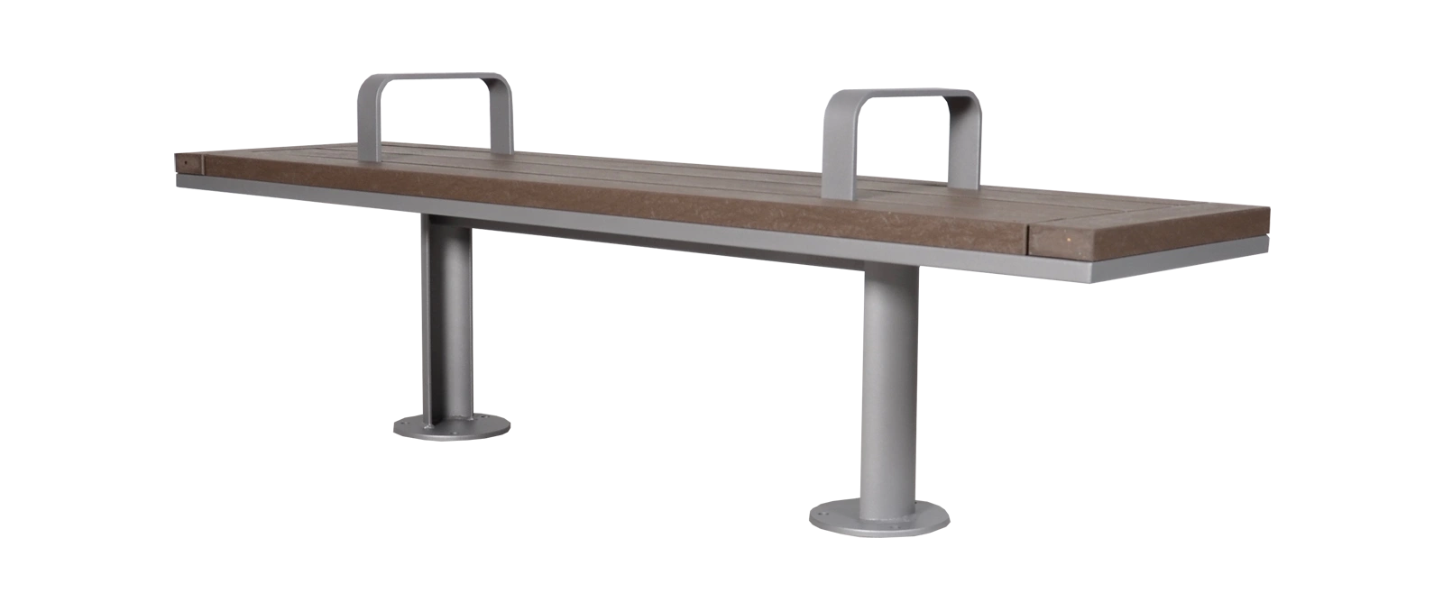 The SurRe bench features recycled plastic lumber seating and a powder-coated metal frame. This bench offers a simple and durable seating solution for various outdoor settings.