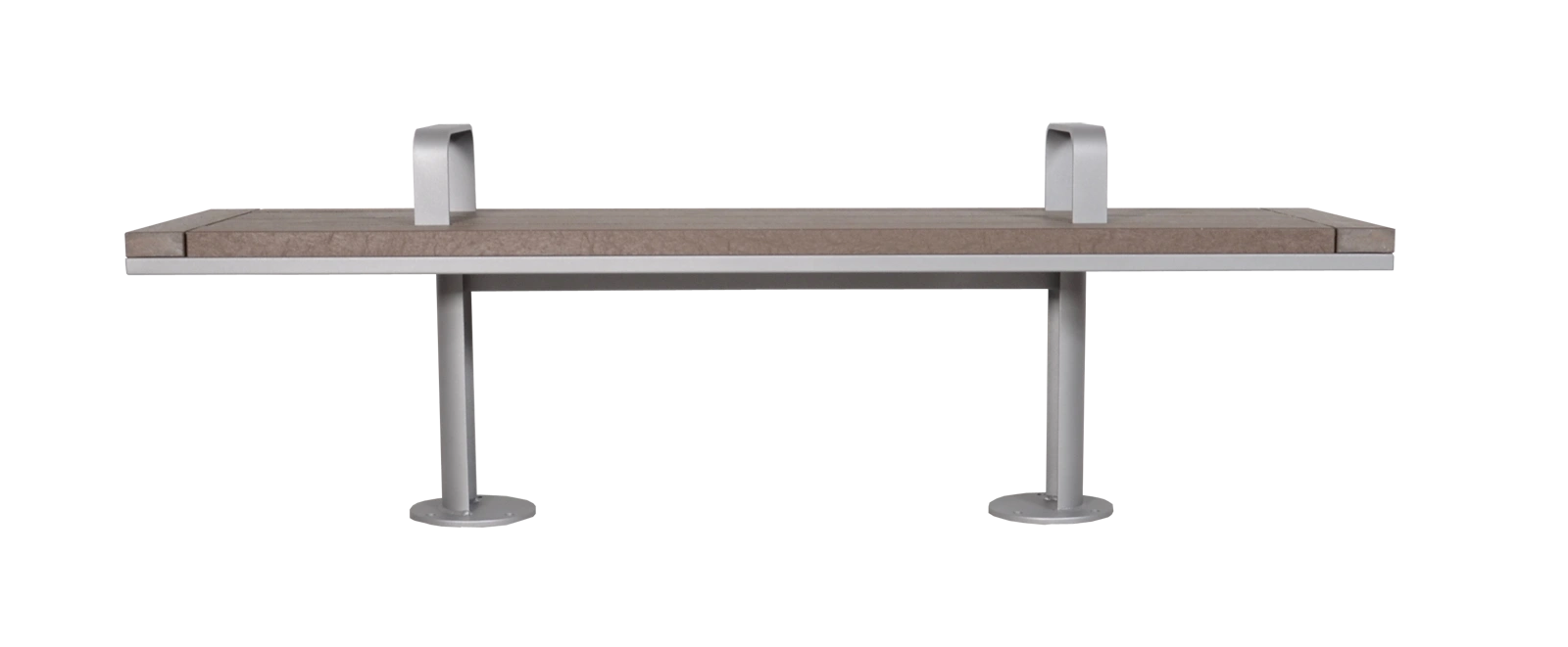 Straight bench with a recycled plastic lumber top and metal frame. This bench offers a simple and durable seating solution for various outdoor settings.