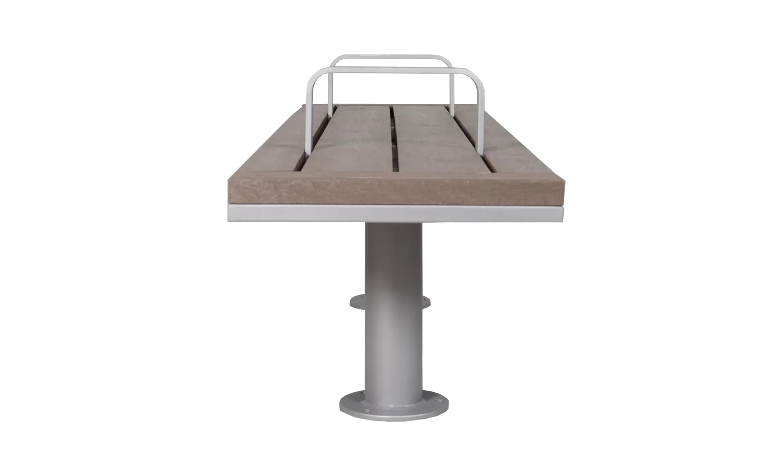 This SurRe straight bench features recycled plastic lumber seating and a powder-coated metal frame. The bench offers a simple and durable seating solution for various outdoor settings.