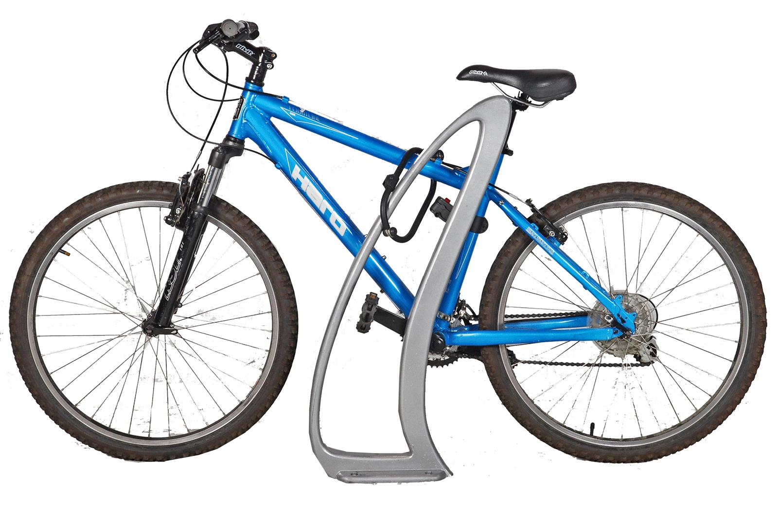 Bike secured in a TENAJ 2 Space Bike Rack. The rack is finished in a silver powder coat.