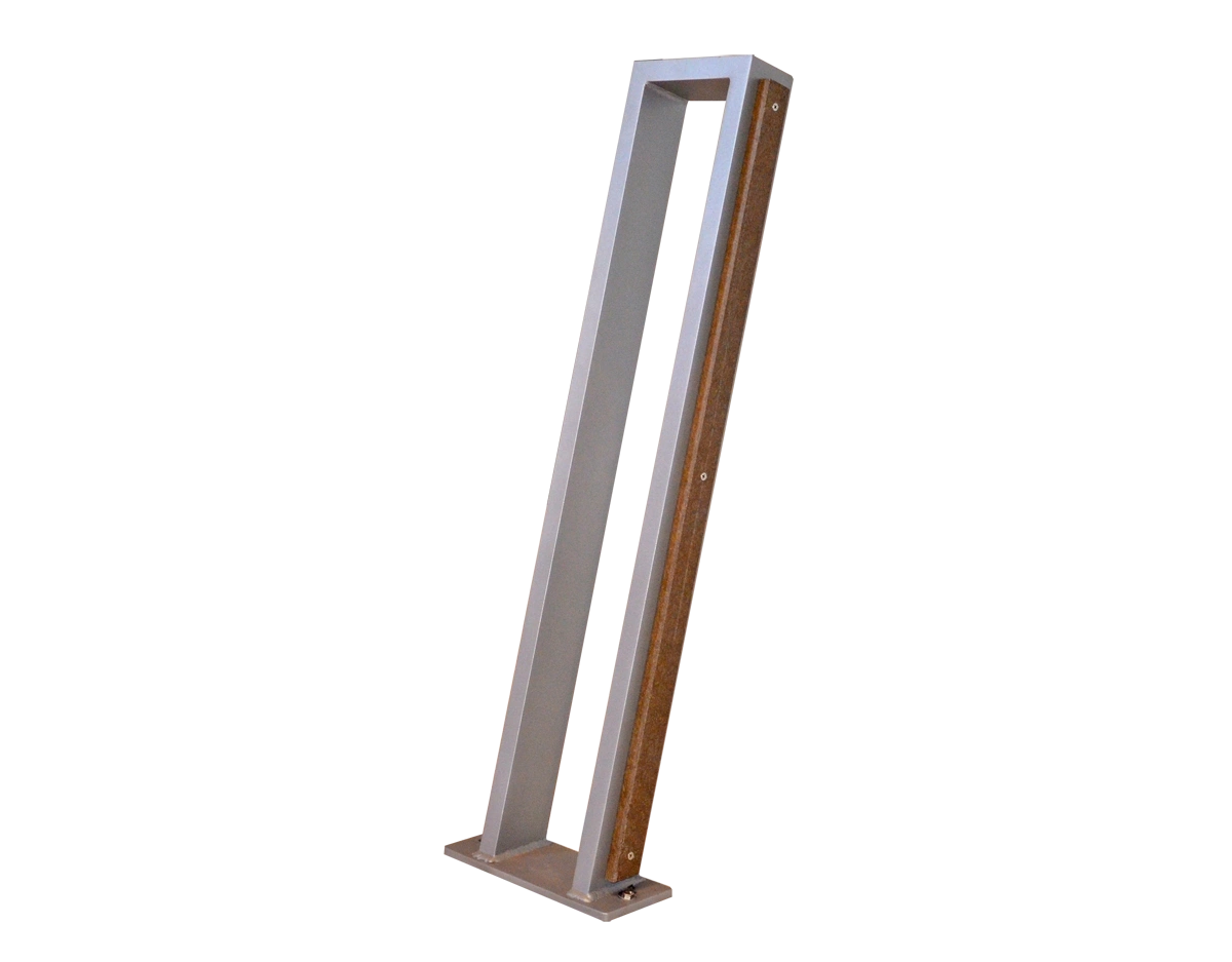 Urban Form bike rack with a metal frame and recycled plastic lumber insert. This bike rack provides a secure and stylish parking solution for bicycles.