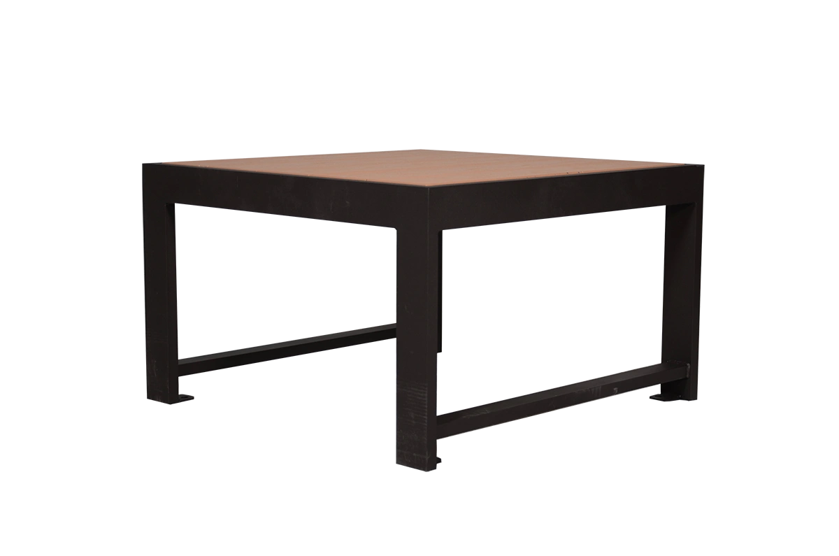 Urban Form coffee table with a recycled plastic lumber top and powder-coated metal frame. This table provides a modern and durable surface for outdoor seating areas.