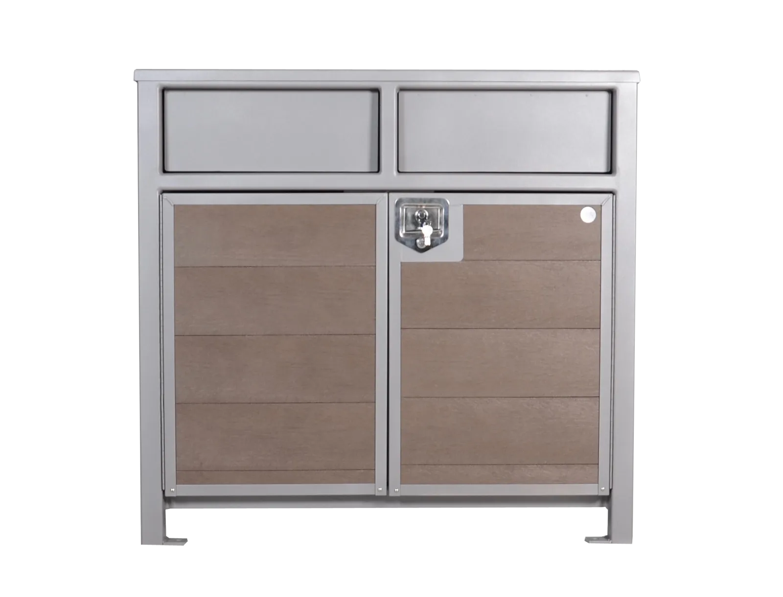 Double recycling station with a silver frame and wood-look recycled plastic lumber doors. This unit features two separate compartments for sorting recyclables.