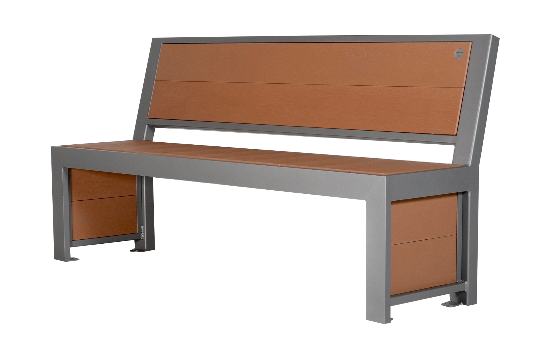 This full-back bench features recycled plastic lumber seat and back, with a powder-coated metal frame. It offers comfortable seating for public spaces.