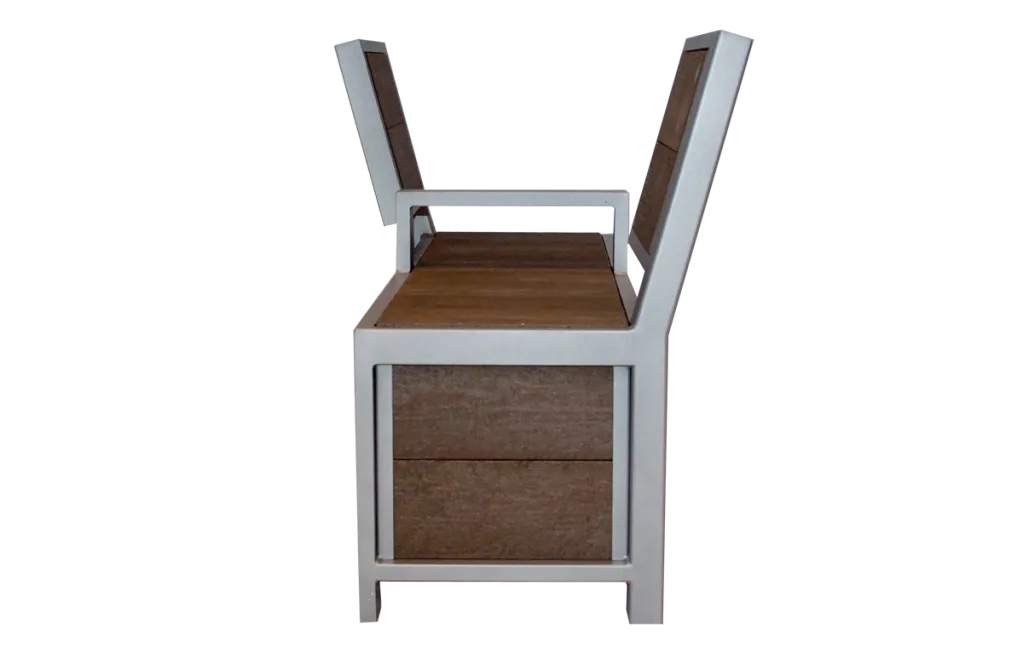 Urban Form Split Back Bench with a powder-coated metal frame and recycled plastic lumber seat and back. The bench features a modern design with a split back for added comfort and style.