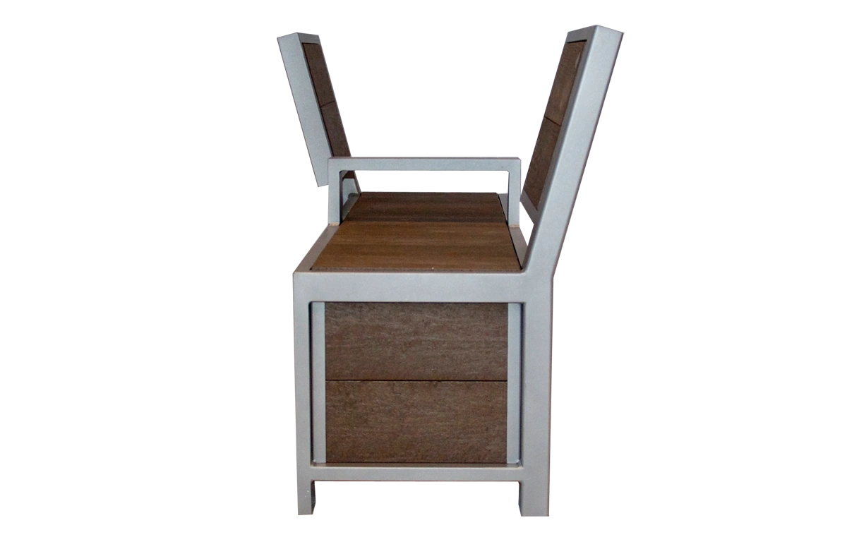 The Urban Form Split Back Bench features a modern design with a split backrest and durable recycled plastic lumber seat and back. The powder-coated metal frame provides sturdy support for outdoor use.