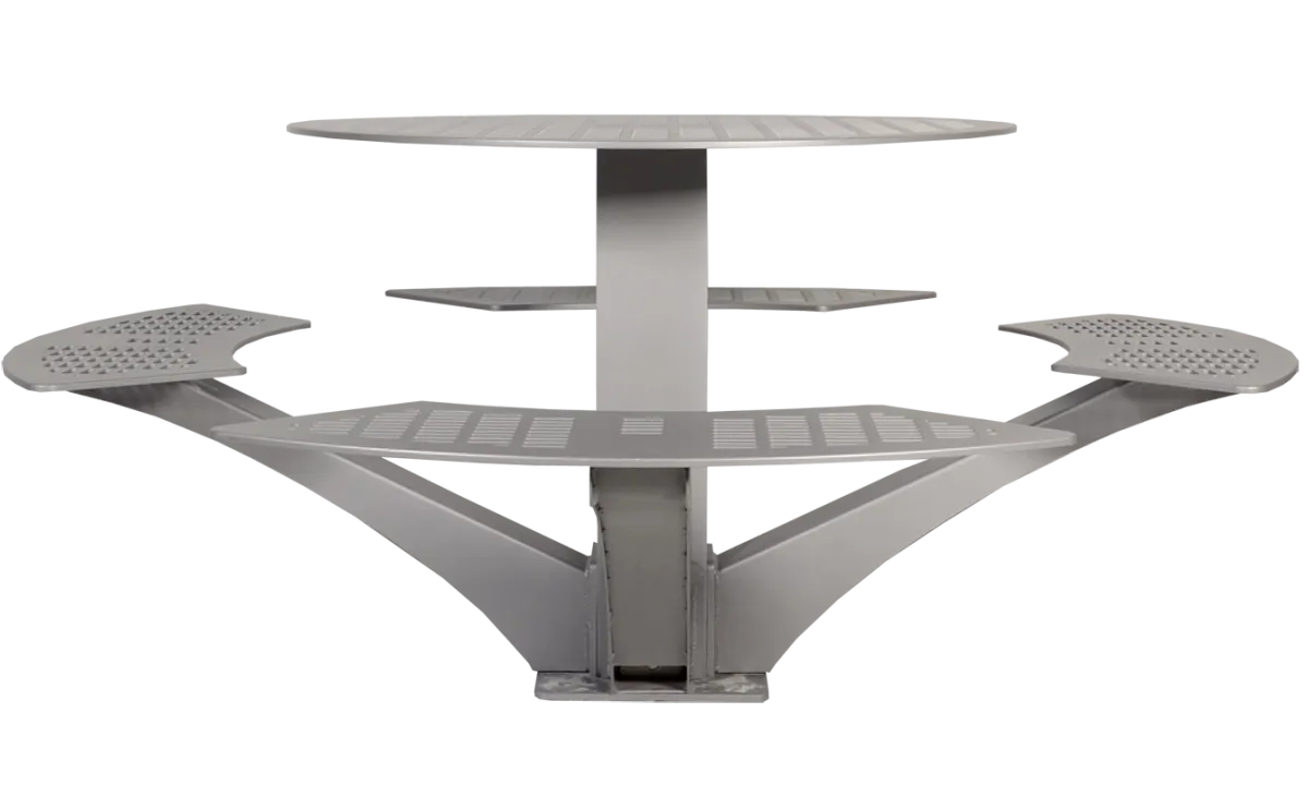This image showcases an Urban Space Round Single Pedestal Picnic Table. The table features a unique, multi-tiered design with a round top and cantilevered seating.
