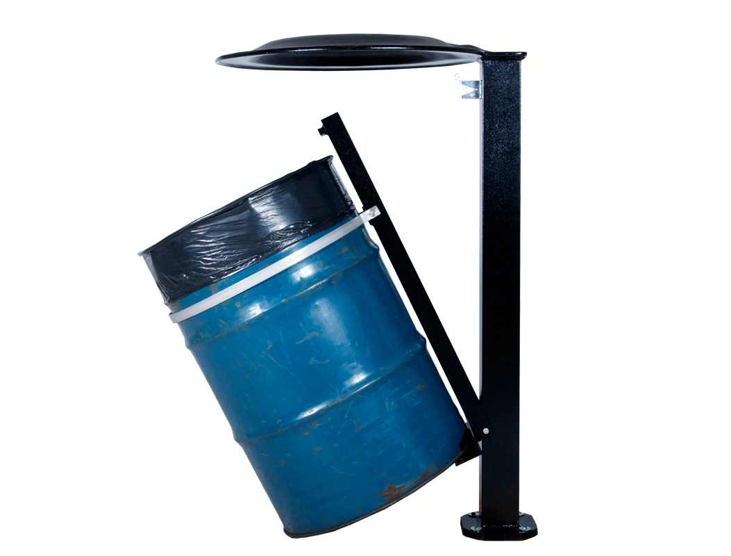 The Wrap 45 waste receptacle features a durable design with a blue drum and black powder-coated frame. This open-top bin is ideal for high-traffic areas.