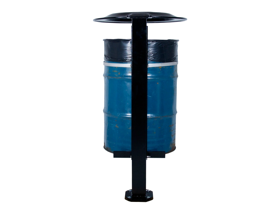 A Wrap 45 waste receptacle with a blue drum and black frame. This durable bin is suitable for high-traffic outdoor areas.