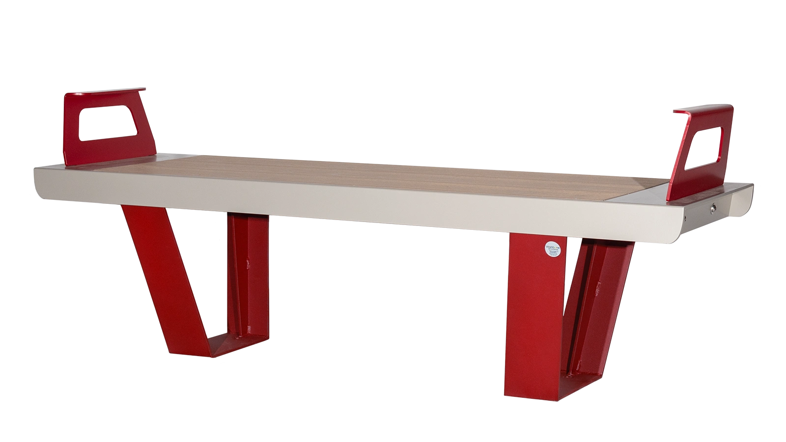 This bench features recycled plastic lumber seating and powder-coated metal frame and armrests. The design offers a comfortable and durable seating solution for public spaces.